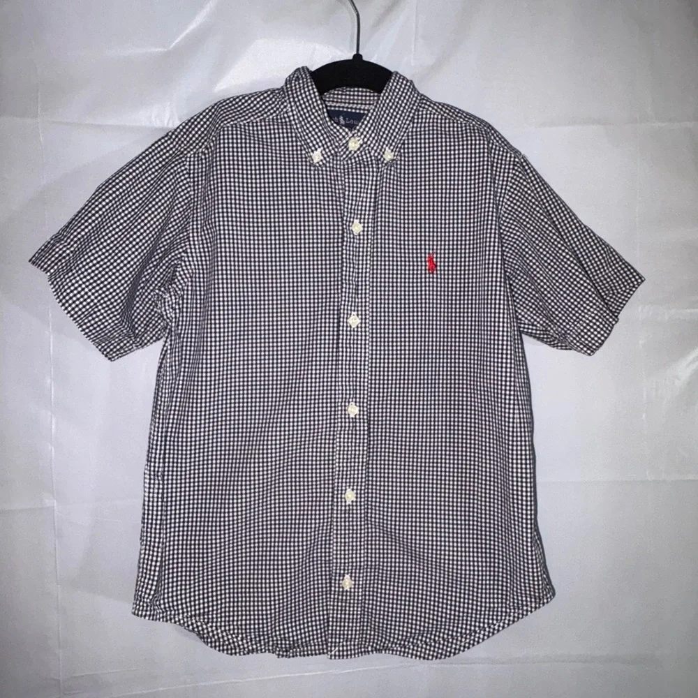 Ralph Lauren Girls Navy Blue Gingham Check Short Sleeve Button Down Shirt Size 7